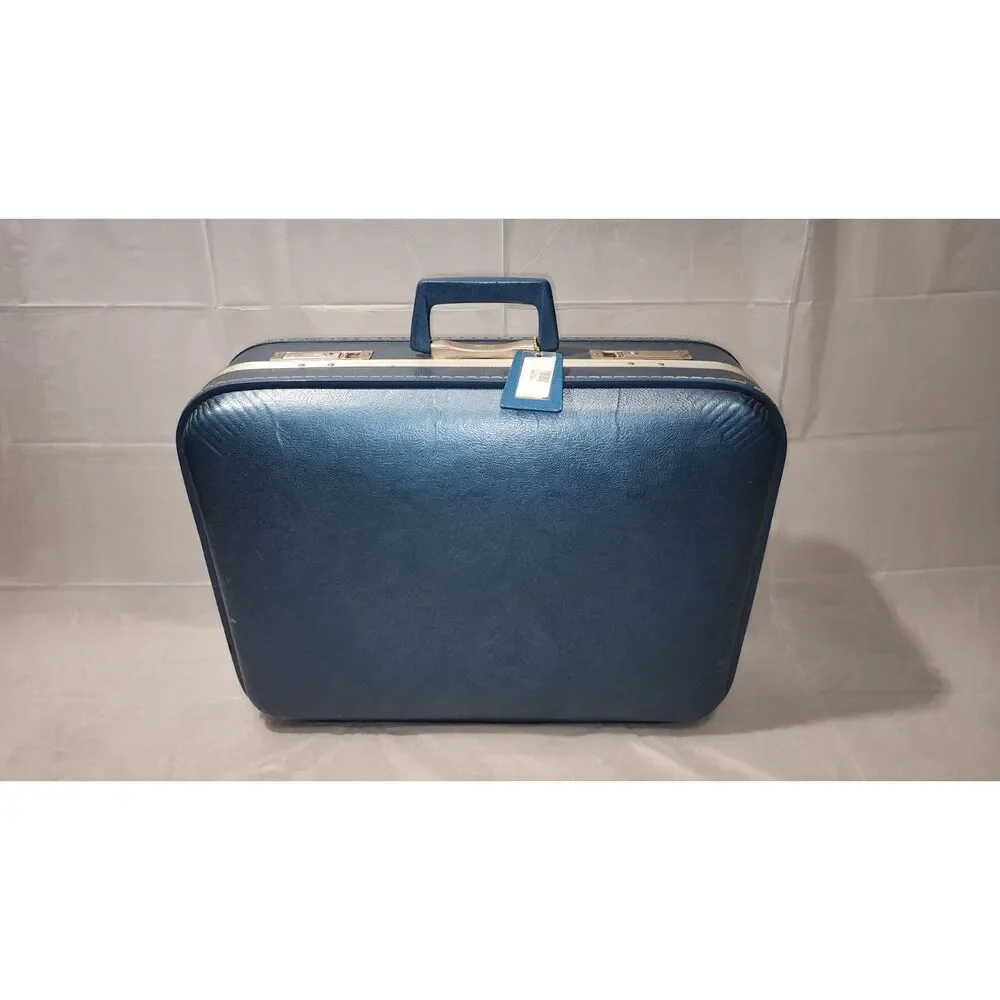 Vintage Blue 2 Piece Nesting Luggage Set with Train Case Mid Century